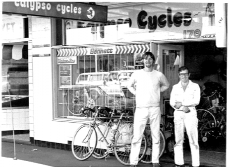 Noel McFarlane and David Walton standing outside Calypso Cycles in North Newtown in 1979.