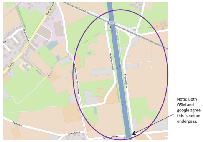 Map showing that Google Maps and Open Street Maps agree on an item not being an underpass.