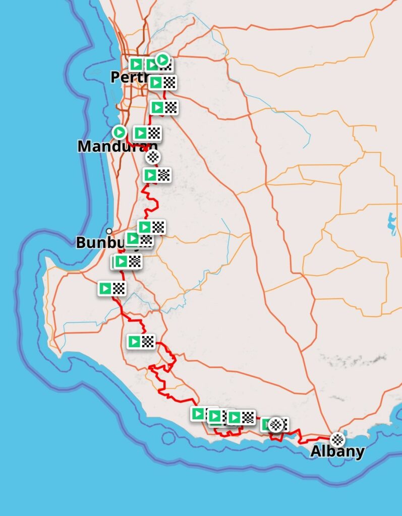 A map showing the Munda Biddi trail for touring bikes.