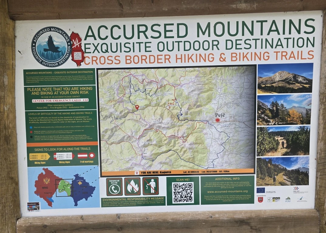 A map of the Accursed mountains and hiking instructions.