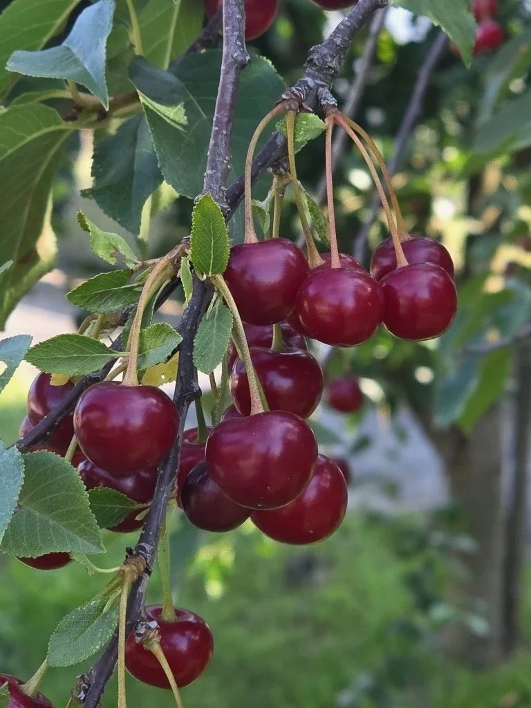 Cherries hanging from the tree.