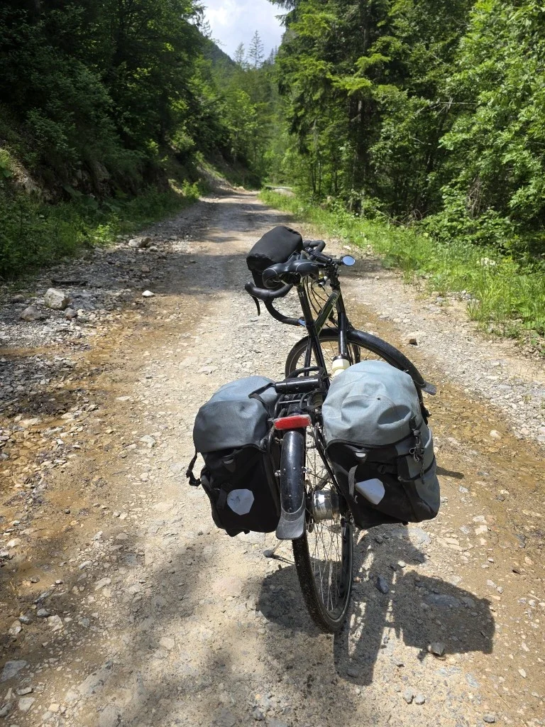 A vivente touring bike standing on a travel path.
