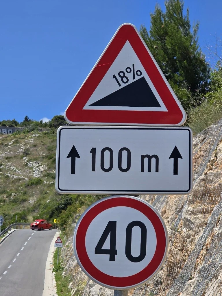 Signs warning about the gradient of the road.
